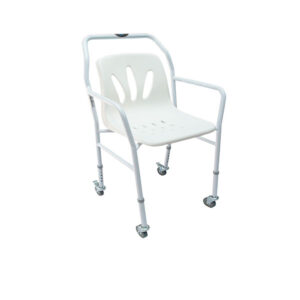 Silla de ducha en acero esmaltado color blanco, c/ruedas, Torn Blan